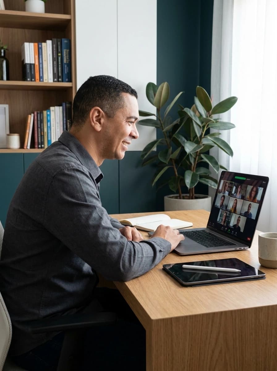 Cristiano Almeida realizando atendimento online pelo notebook